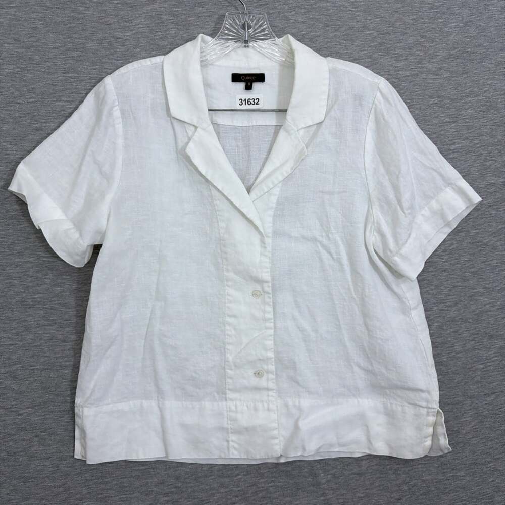 Quince Womens Small Linen Short Sleeve Button Up Shirt White Notch Lapel Collar